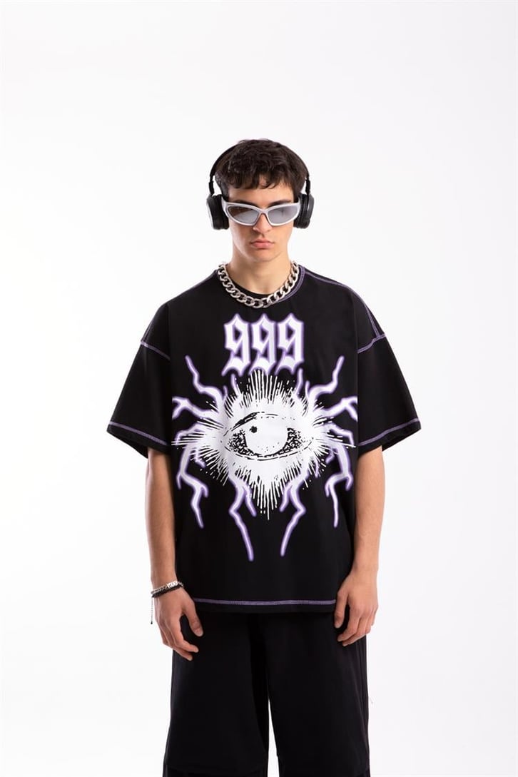 999 Eye Baskılı Siyah Oversize Tişört