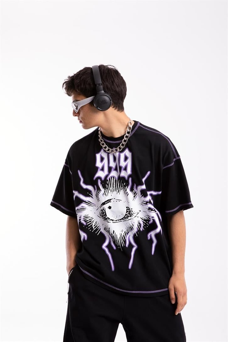 999 Eye Baskılı Siyah Oversize Tişört