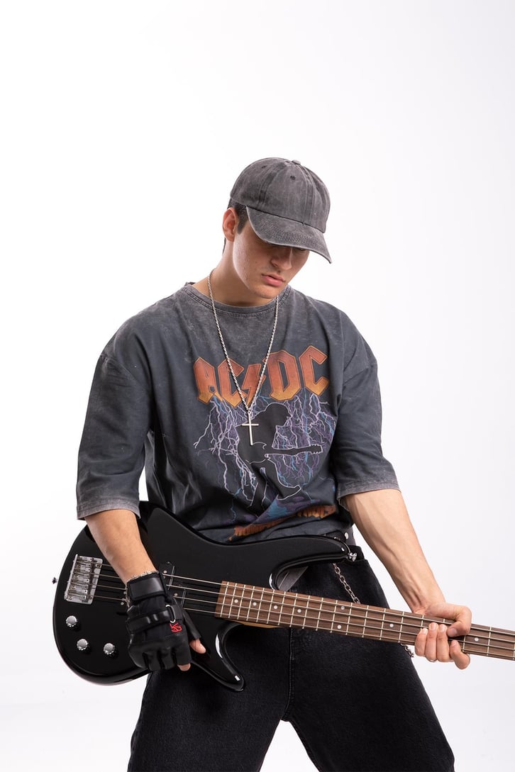 AC-DC Baskılı Acid Wash Oversize Tshirt