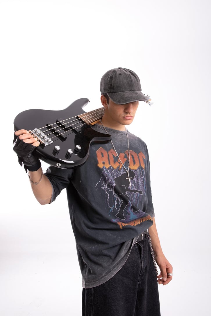 AC-DC Baskılı Acid Wash Oversize Tshirt