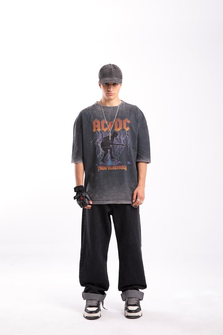 AC-DC Baskılı Acid Wash Oversize Tshirt