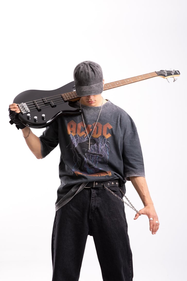 AC-DC Baskılı Acid Wash Oversize Tshirt
