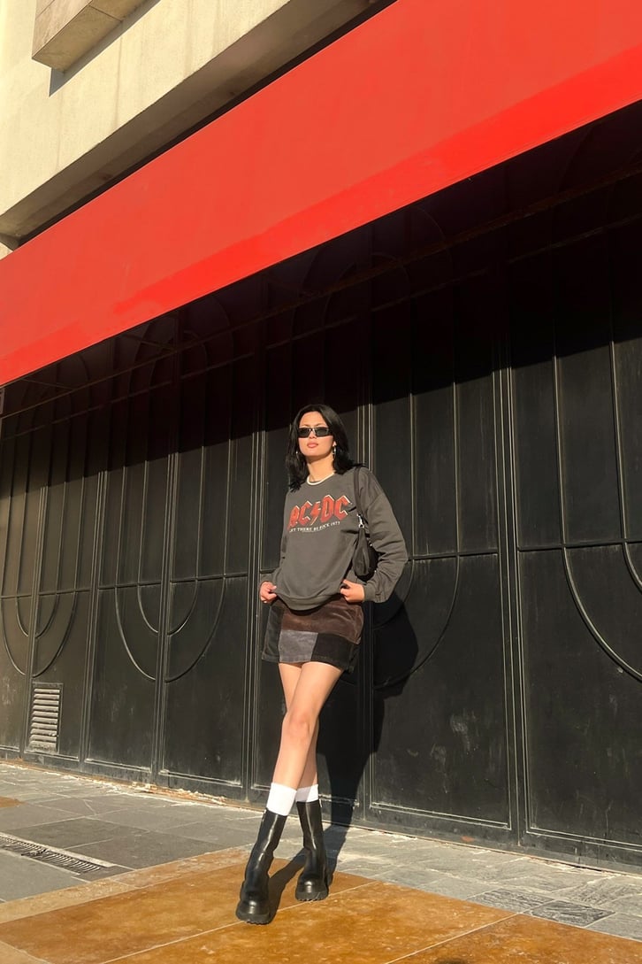 AC-DC Baskılı Antrasit Sweatshirt