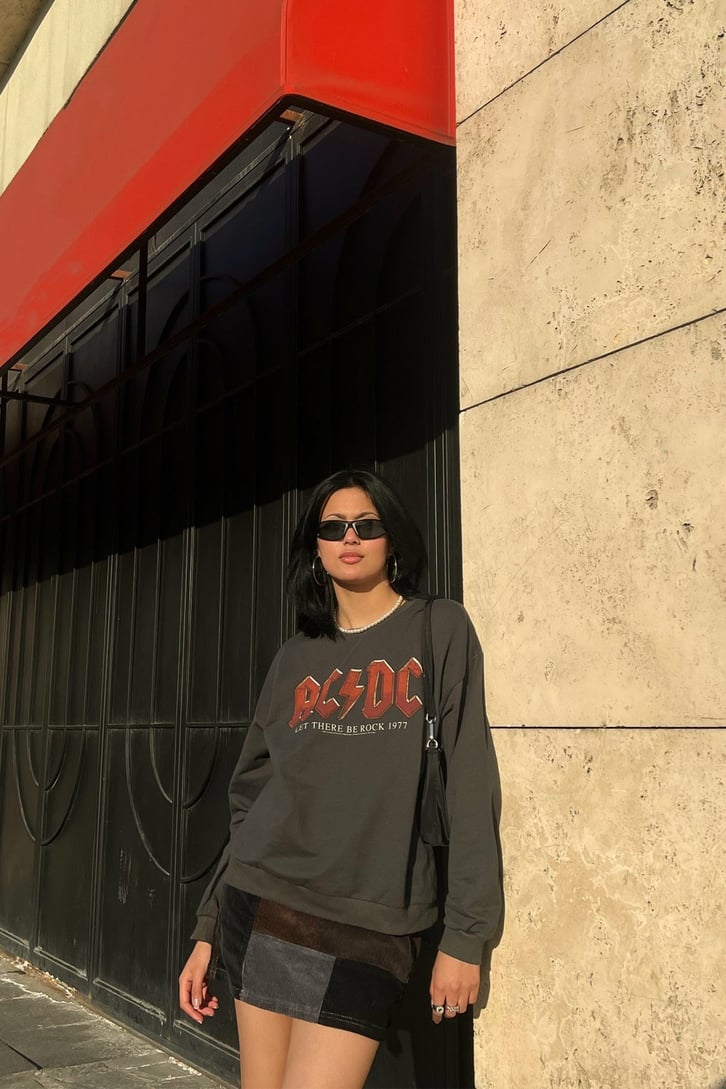AC-DC Baskılı Antrasit Sweatshirt