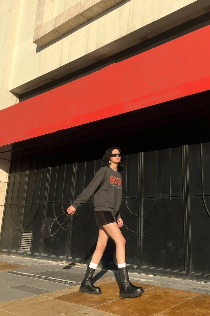 AC-DC Baskılı Antrasit Sweatshirt
