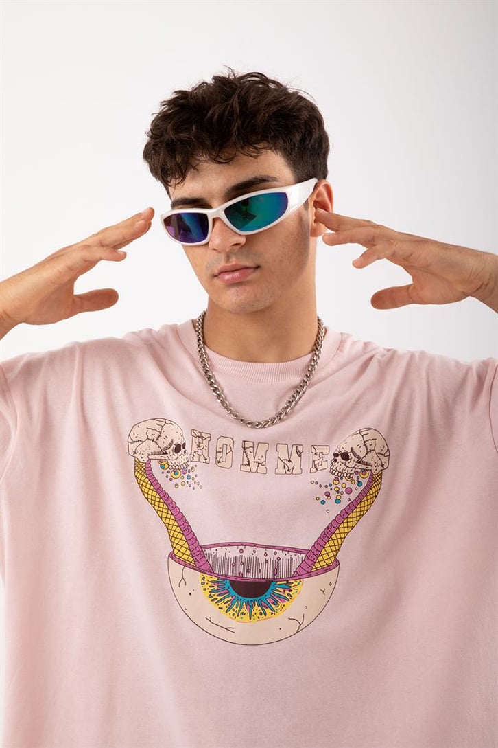 Acid Eye Baskılı Pembe Acid Wash Oversize Tshirt