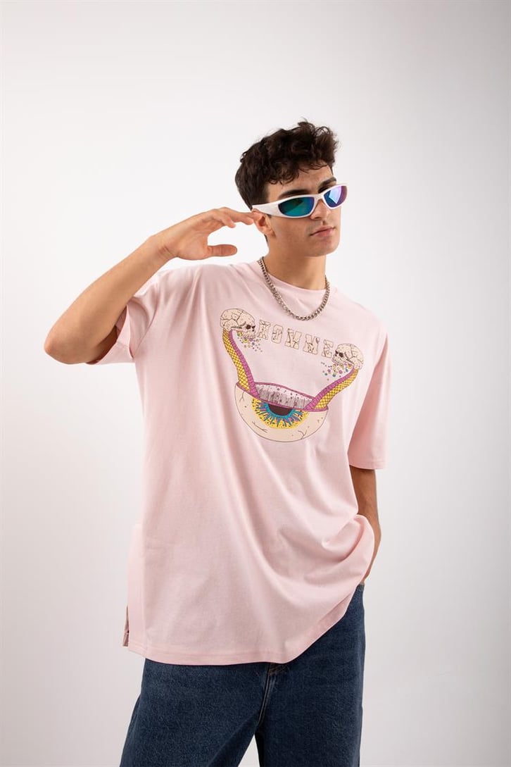 Acid Eye Baskılı Pembe Acid Wash Oversize Tshirt