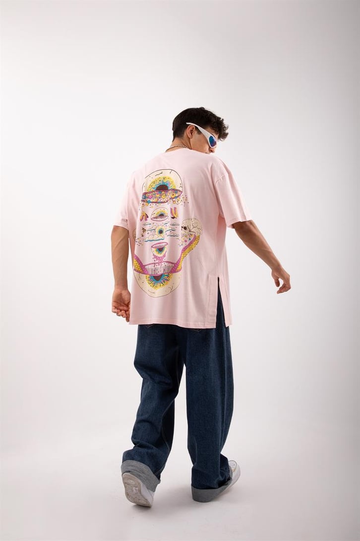 Acid Eye Baskılı Pembe Acid Wash Oversize Tshirt
