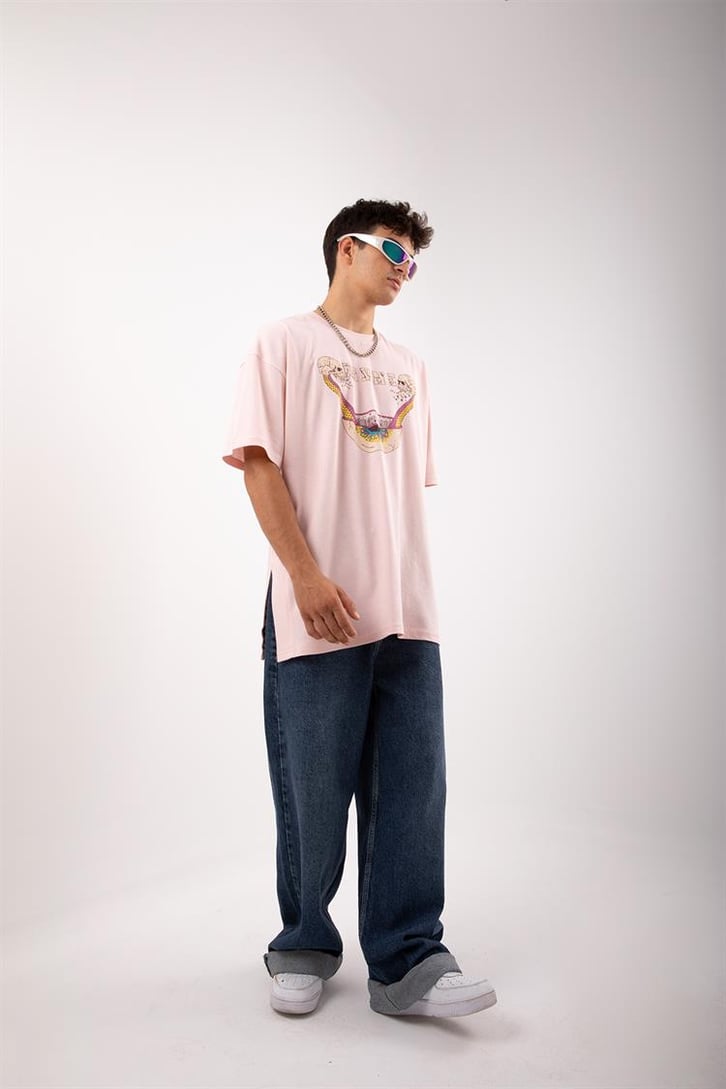 Acid Eye Baskılı Pembe Acid Wash Oversize Tshirt