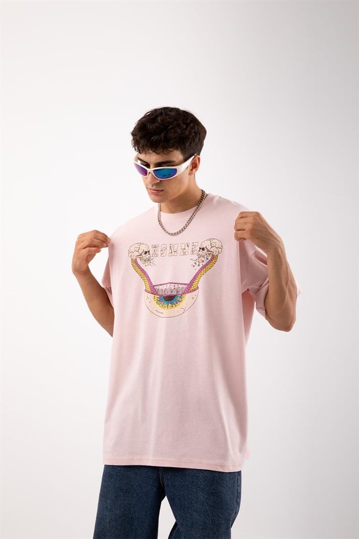 Acid Eye Baskılı Pembe Acid Wash Oversize Tshirt