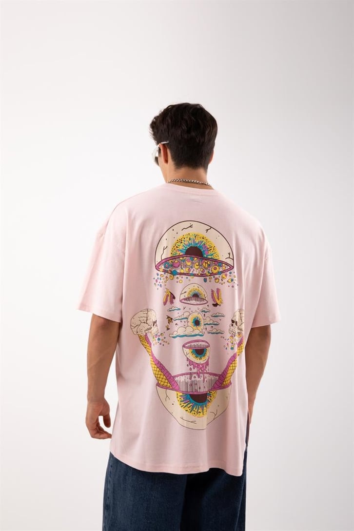 Acid Eye Baskılı Pembe Acid Wash Oversize Tshirt