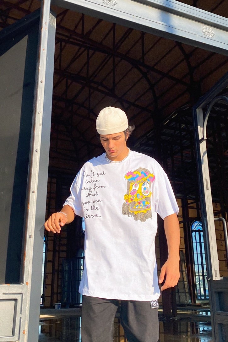 Acid Face Baskılı Beyaz Oversize Tshirt