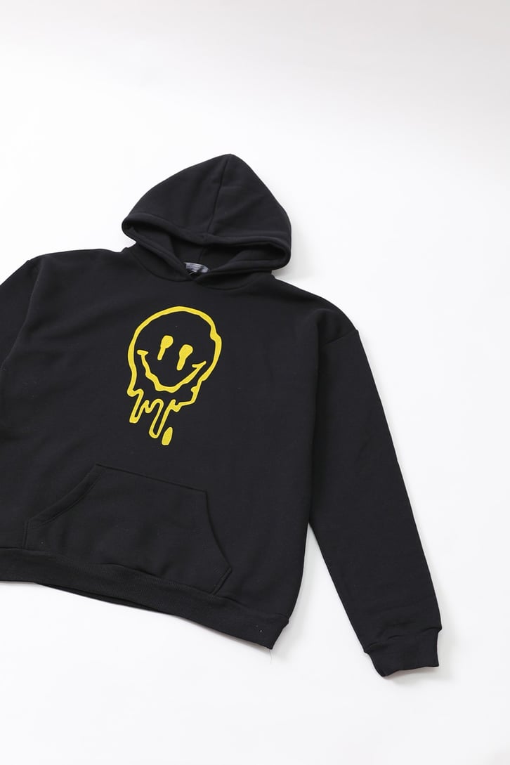 Acid Smile Baskılı Siyah Oversize Sweatshirt