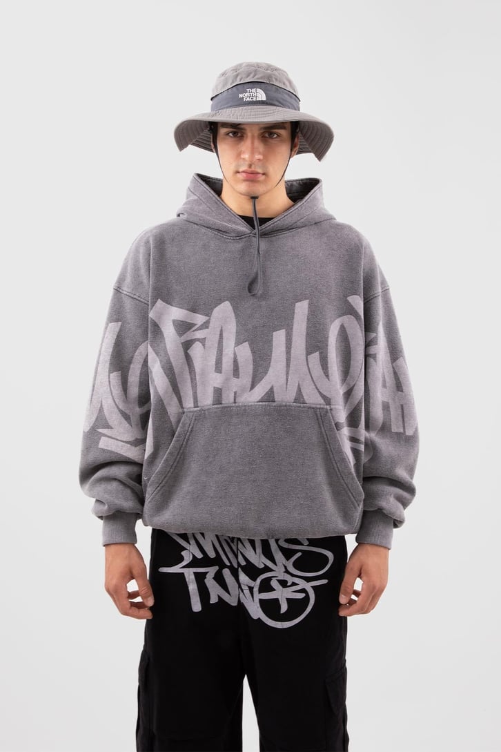 Acid Wash Baskılı Sütlü Kahve Oversize Hoodie