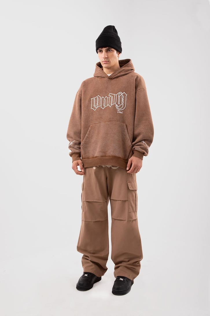 Acid Wash Body Dad Baskılı Kahverengi Oversize Hoodie
