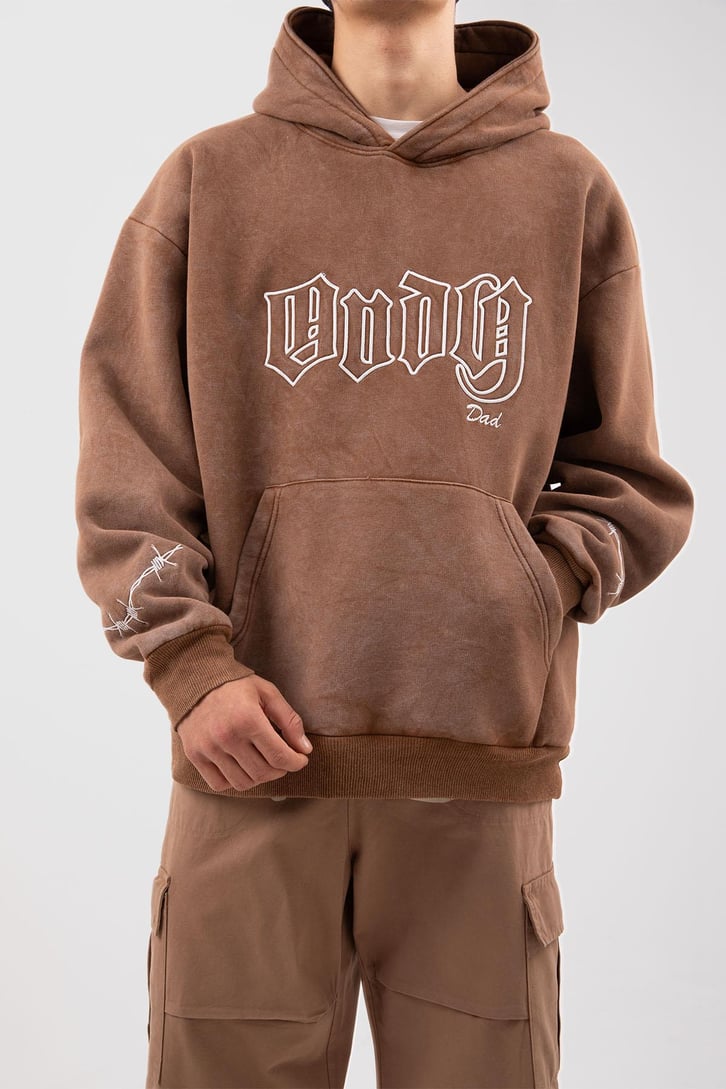 Acid Wash Body Dad Baskılı Kahverengi Oversize Hoodie