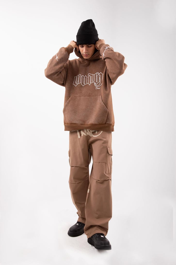 Acid Wash Body Dad Baskılı Kahverengi Oversize Hoodie