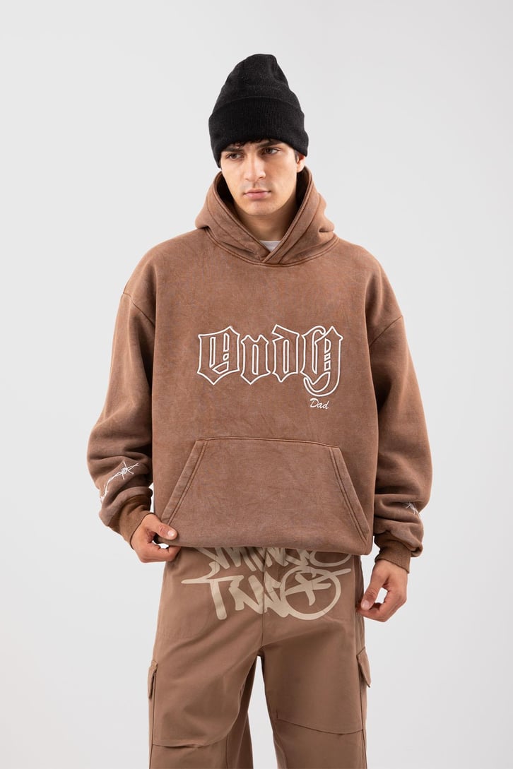 Acid Wash Body Dad Baskılı Kahverengi Oversize Hoodie