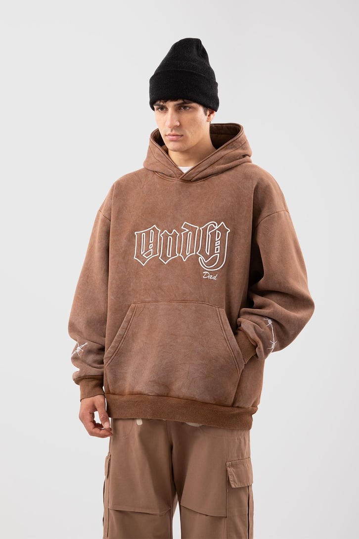 Acid Wash Body Dad Baskılı Kahverengi Oversize Hoodie