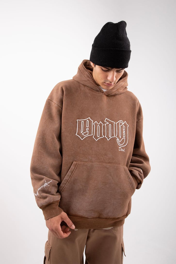 Acid Wash Body Dad Baskılı Kahverengi Oversize Hoodie