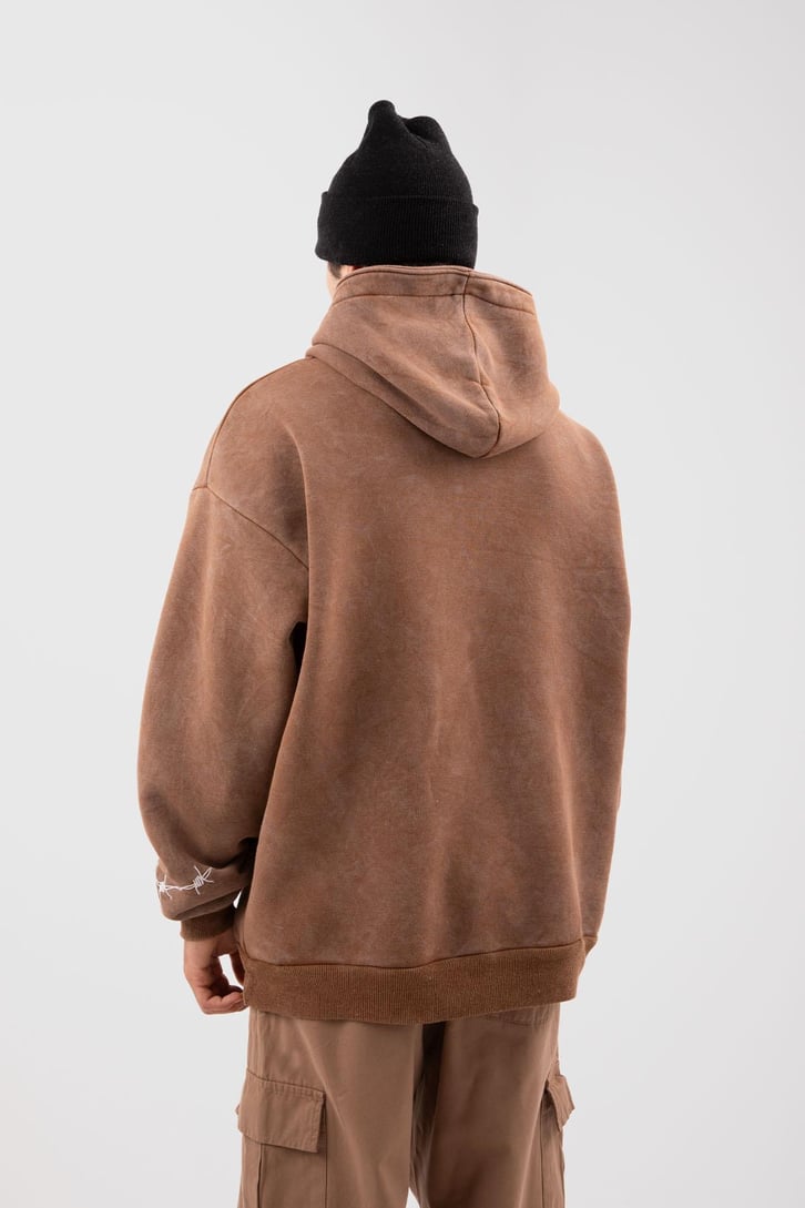 Acid Wash Body Dad Baskılı Kahverengi Oversize Hoodie