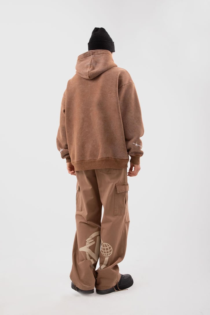 Acid Wash Body Dad Baskılı Kahverengi Oversize Hoodie
