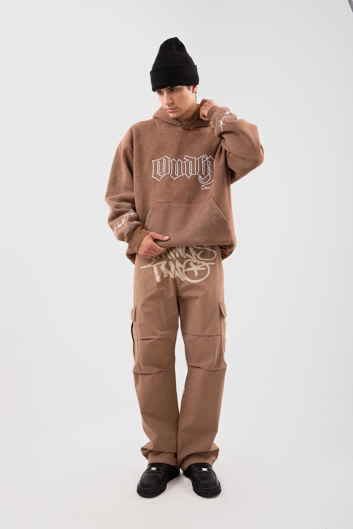 Acid Wash Body Dad Baskılı Kahverengi Oversize Hoodie