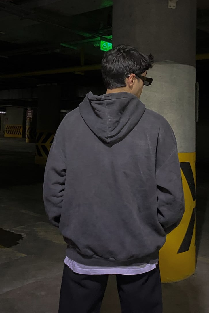 Acid Wash Nakış Detay Oversize Hoodie