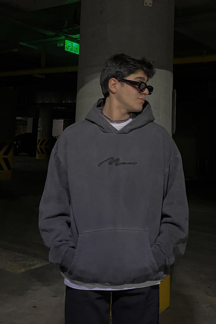 Acid Wash Nakış Detay Oversize Hoodie