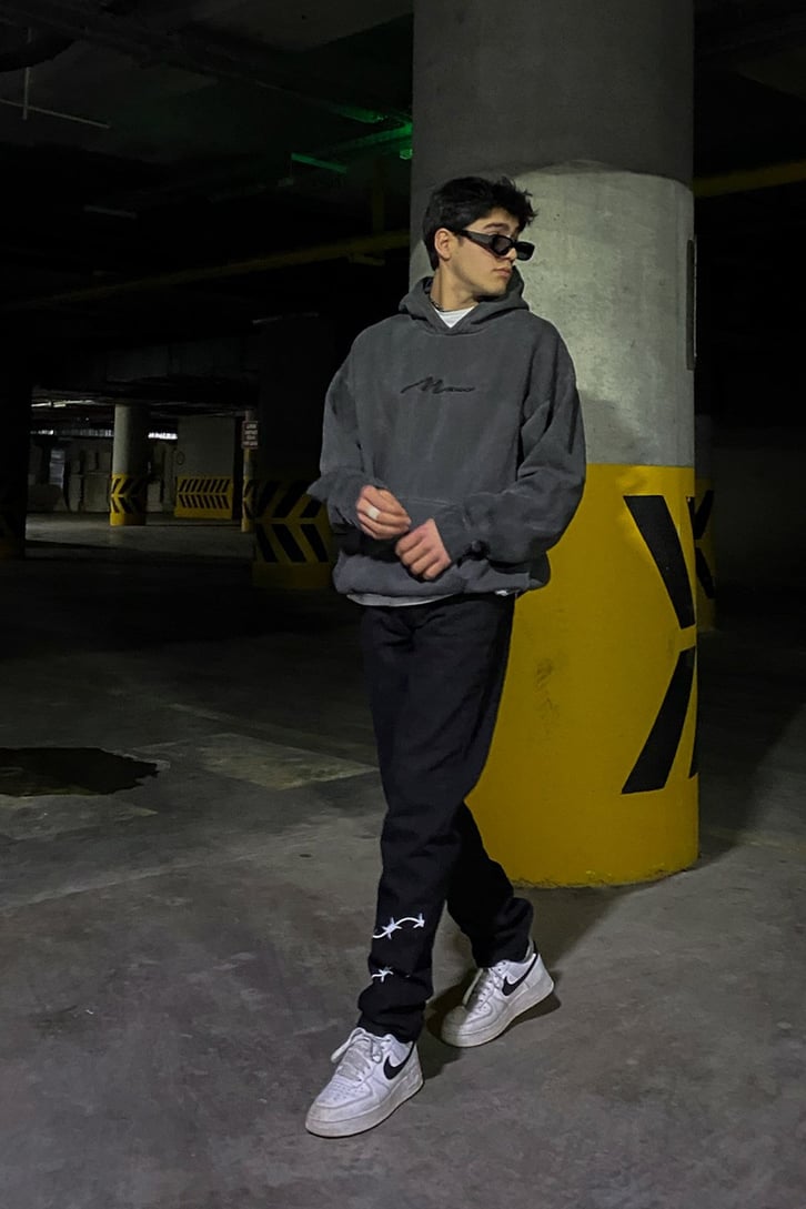 Acid Wash Nakış Detay Oversize Hoodie