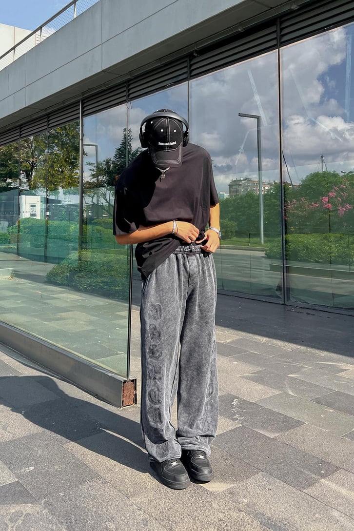 Acid Wash Nakışlı Ayarlanabilir Paça Eşofman Altı