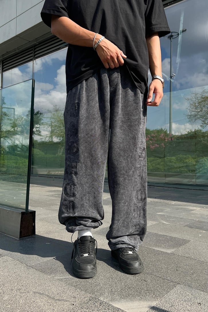 Acid Wash Nakışlı Ayarlanabilir Paça Eşofman Altı