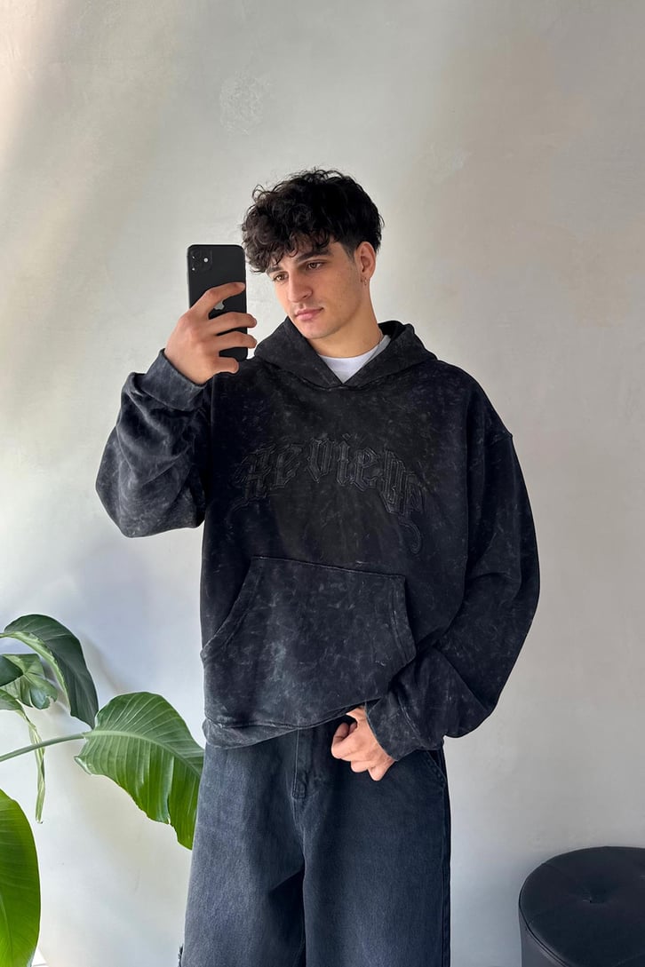 Acid Wash Nakışlı Oversize Hoodie