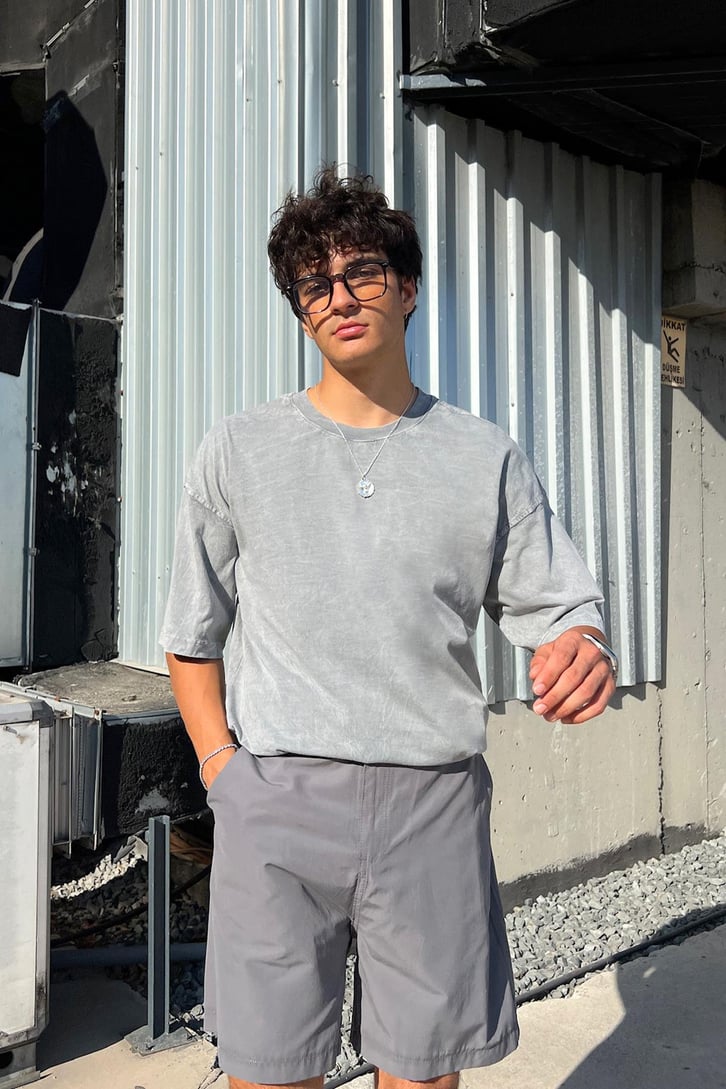 Acid Wash Premium Basic Açık Gri Oversize Tişört