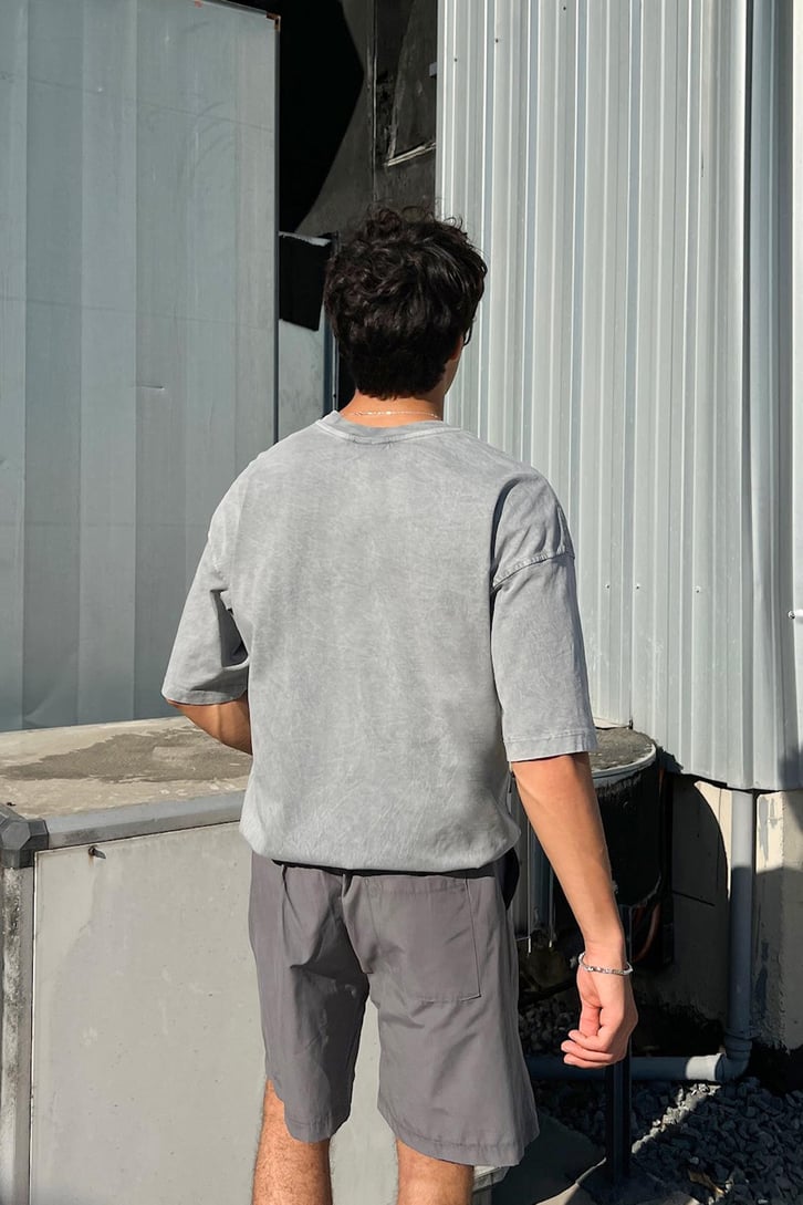 Acid Wash Premium Basic Açık Gri Oversize Tişört