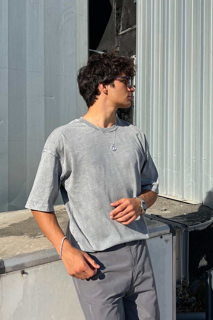 Acid Wash Premium Basic Açık Gri Oversize Tişört