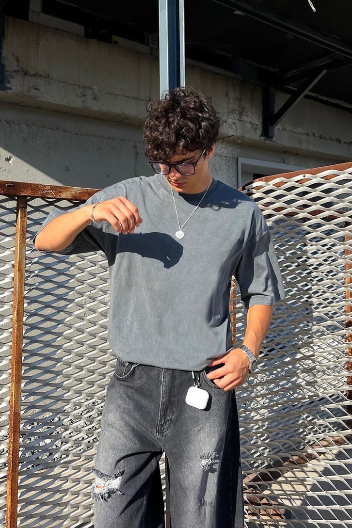 Acid Wash Premium Basic Gri Oversize Tişört