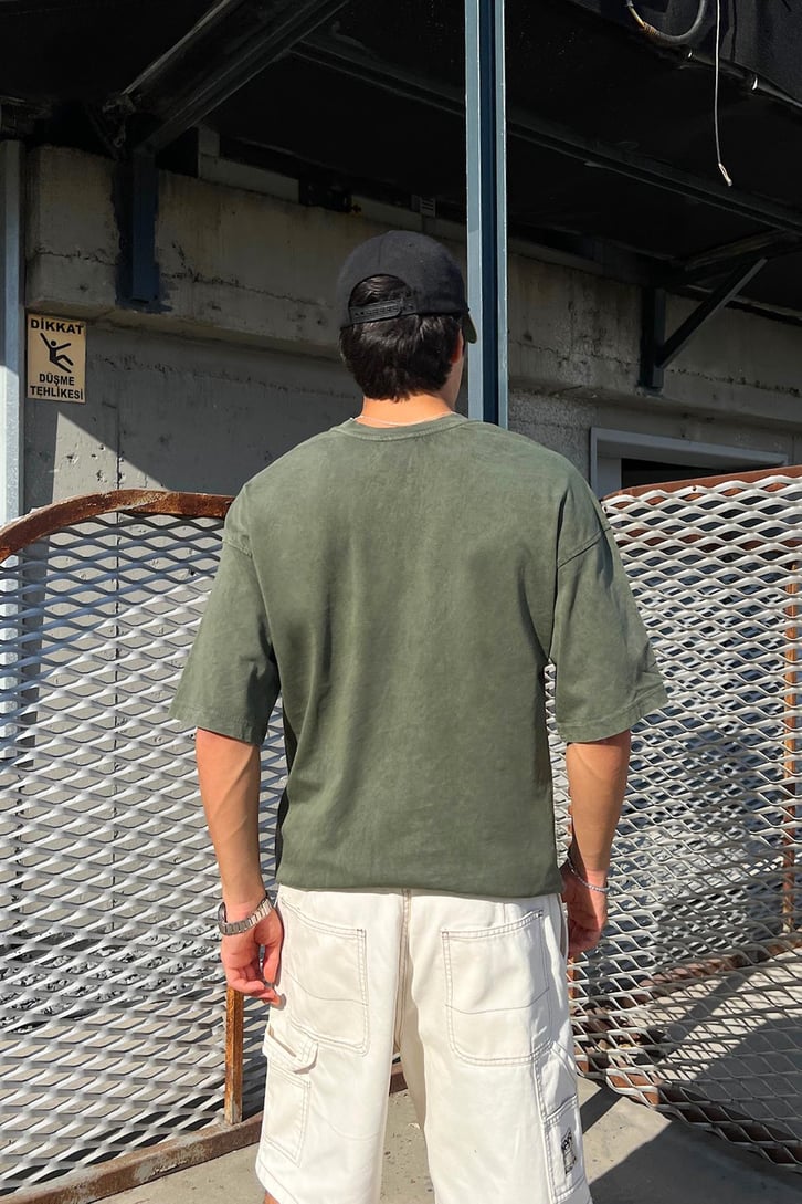 Acid Wash Premium Basic Yeşil Oversize Tişört
