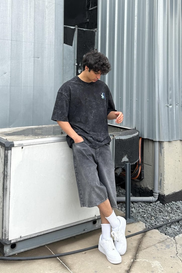 Acid Wash Skull Nakışlı Oversize Tişört