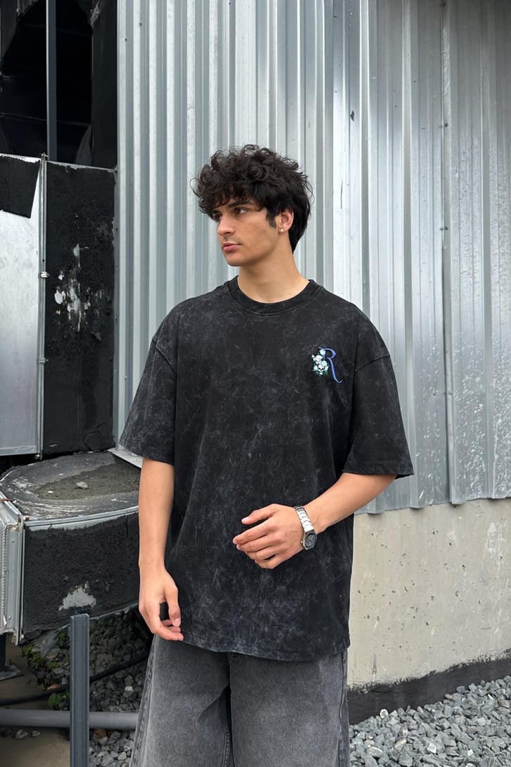 Acid Wash Skull Nakışlı Oversize Tişört