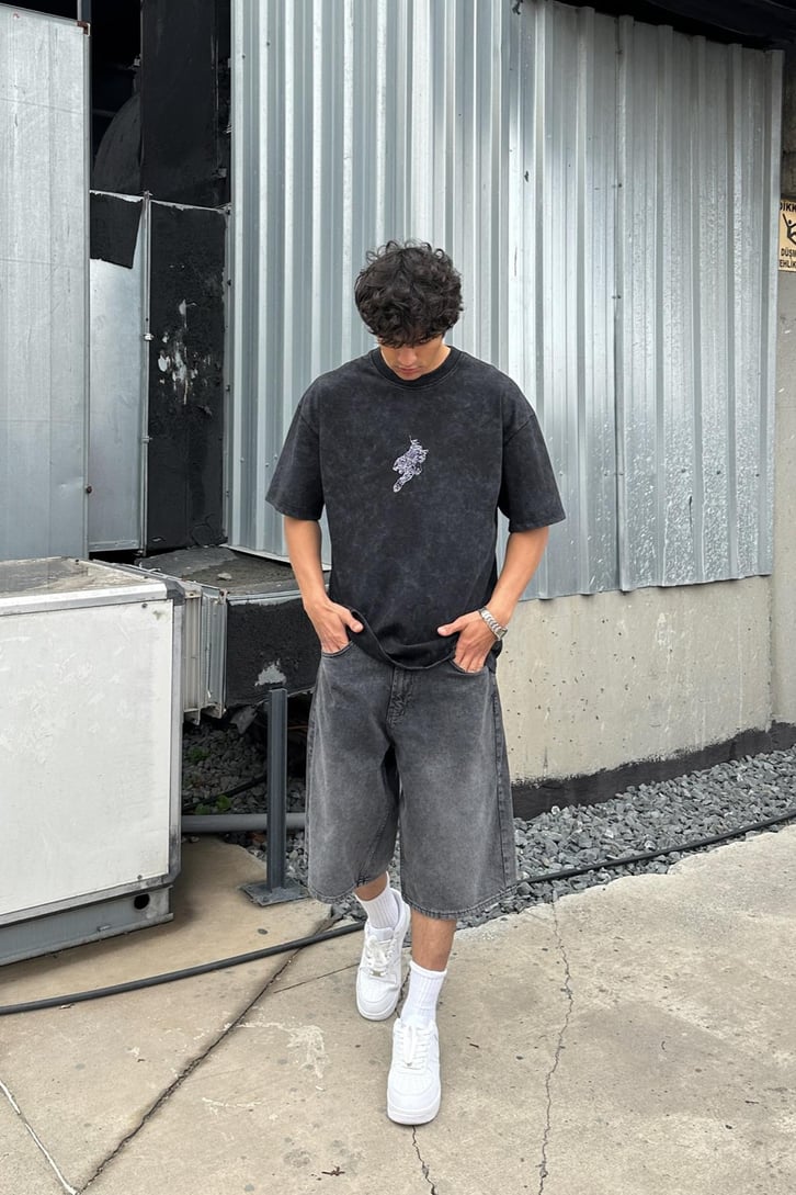 Acid Wash Tiger Nakışlı Oversize Tişört