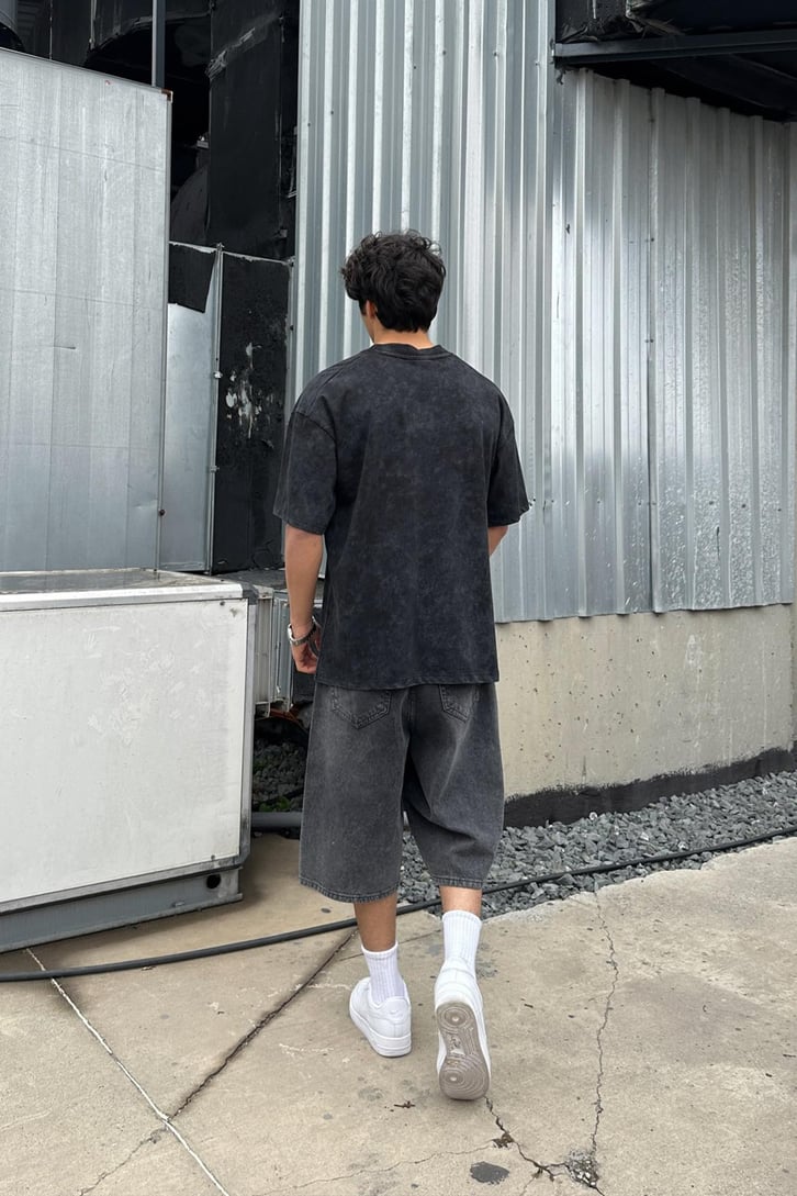 Acid Wash Tiger Nakışlı Oversize Tişört