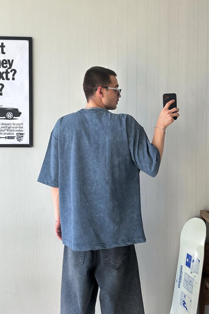Acid Washed Navy Army Baskılı Tişört