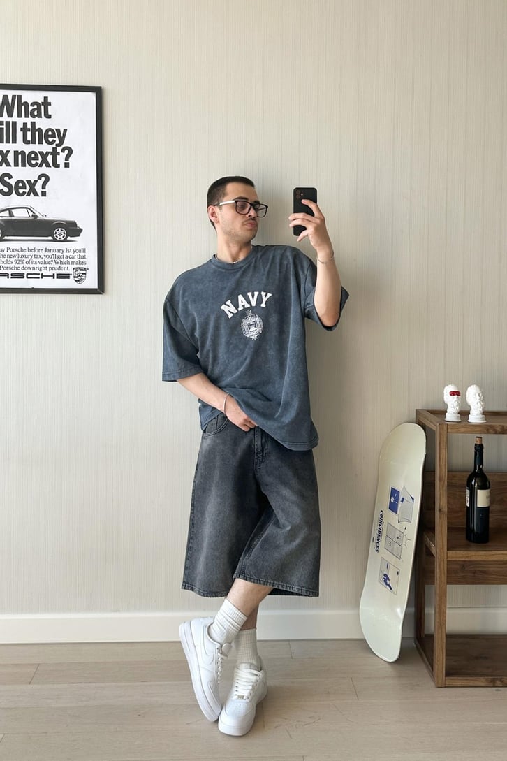 Acid Washed Navy Army Baskılı Tişört