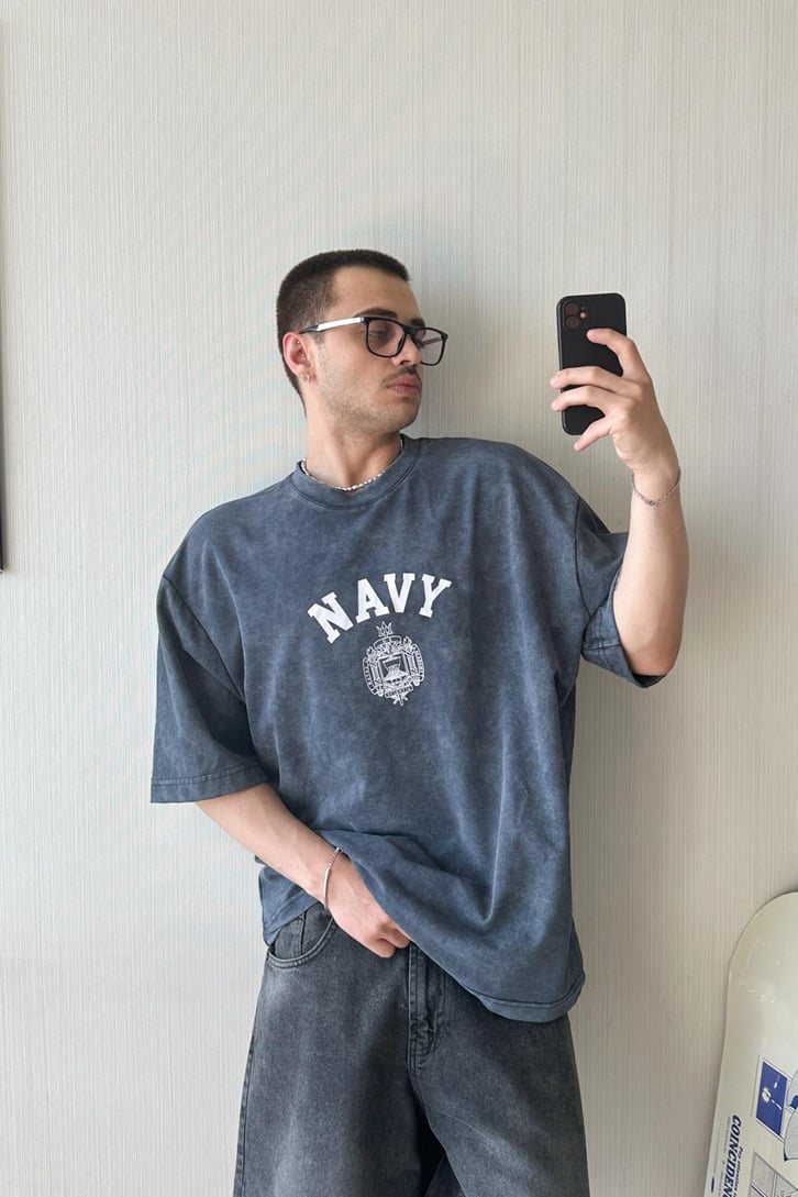 Acid Washed Navy Army Baskılı Tişört