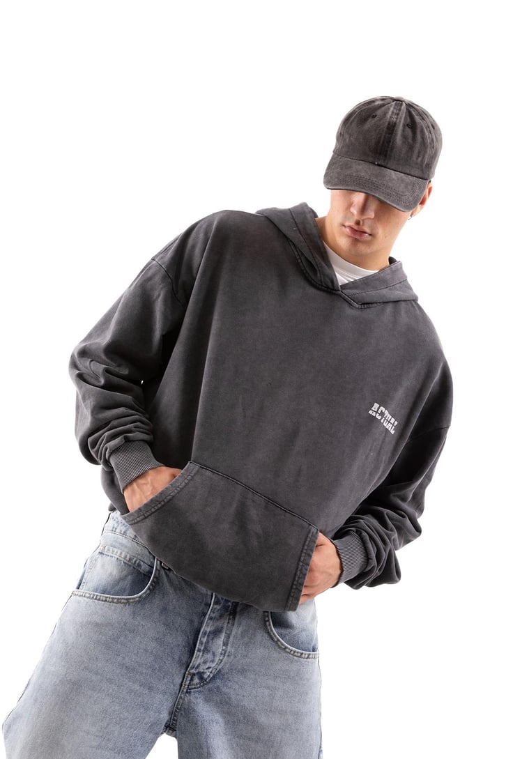 Actual Baskılı Acid Wash Oversize Hoodie