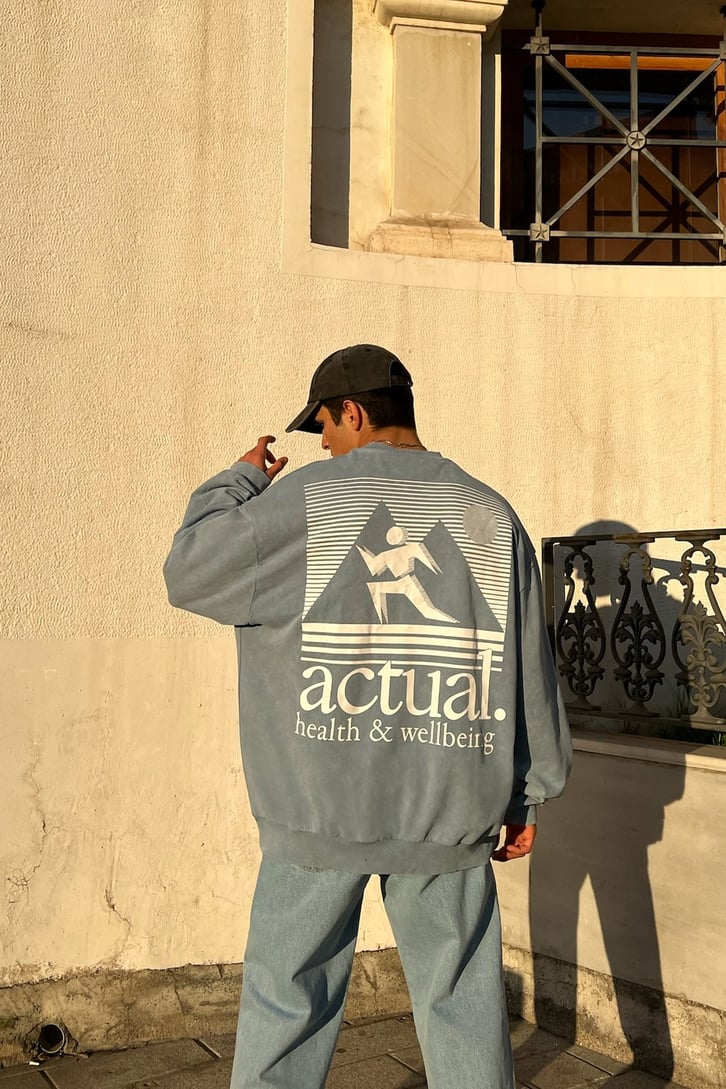 Actual Baskılı Mavi Oversize Sweatshirt