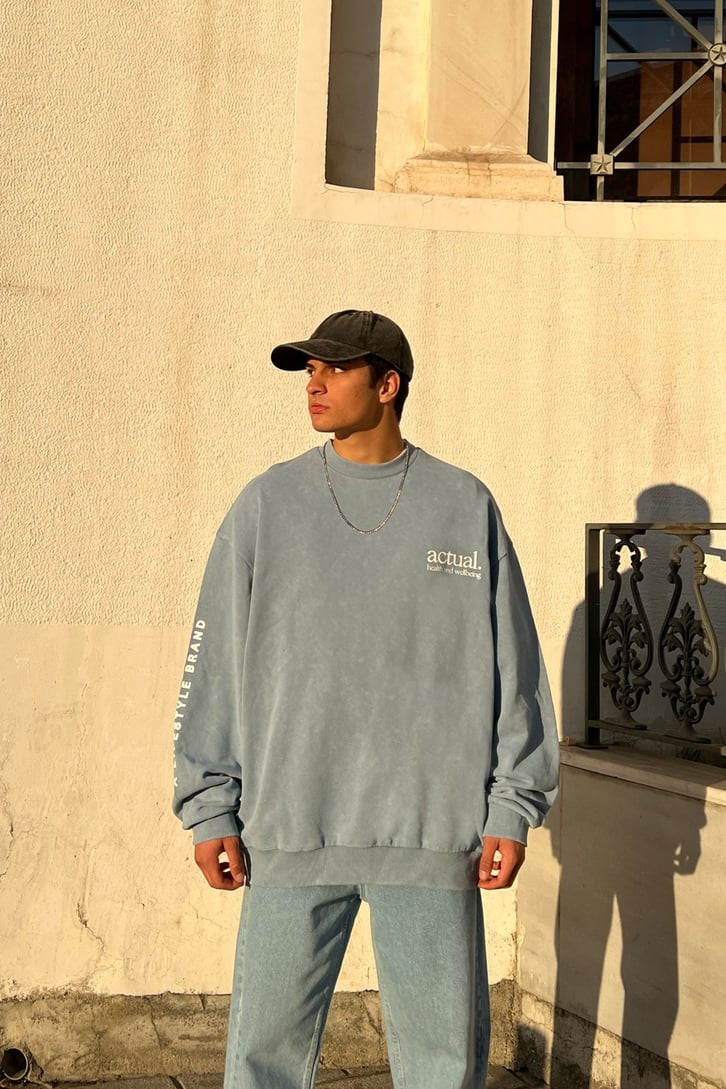 Actual Baskılı Mavi Oversize Sweatshirt