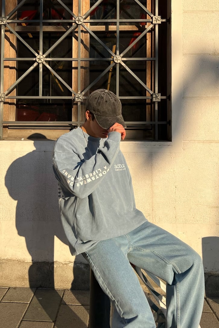 Actual Baskılı Mavi Oversize Sweatshirt