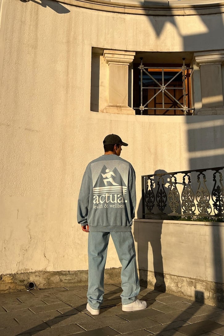 Actual Baskılı Mavi Oversize Sweatshirt